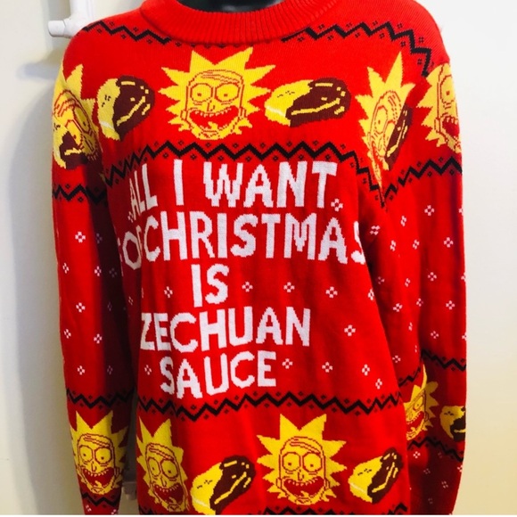Rick & Morty Mens Szechuan Sauce Ugly Christmas Funny Sweater Size M - Picture 1 of 8